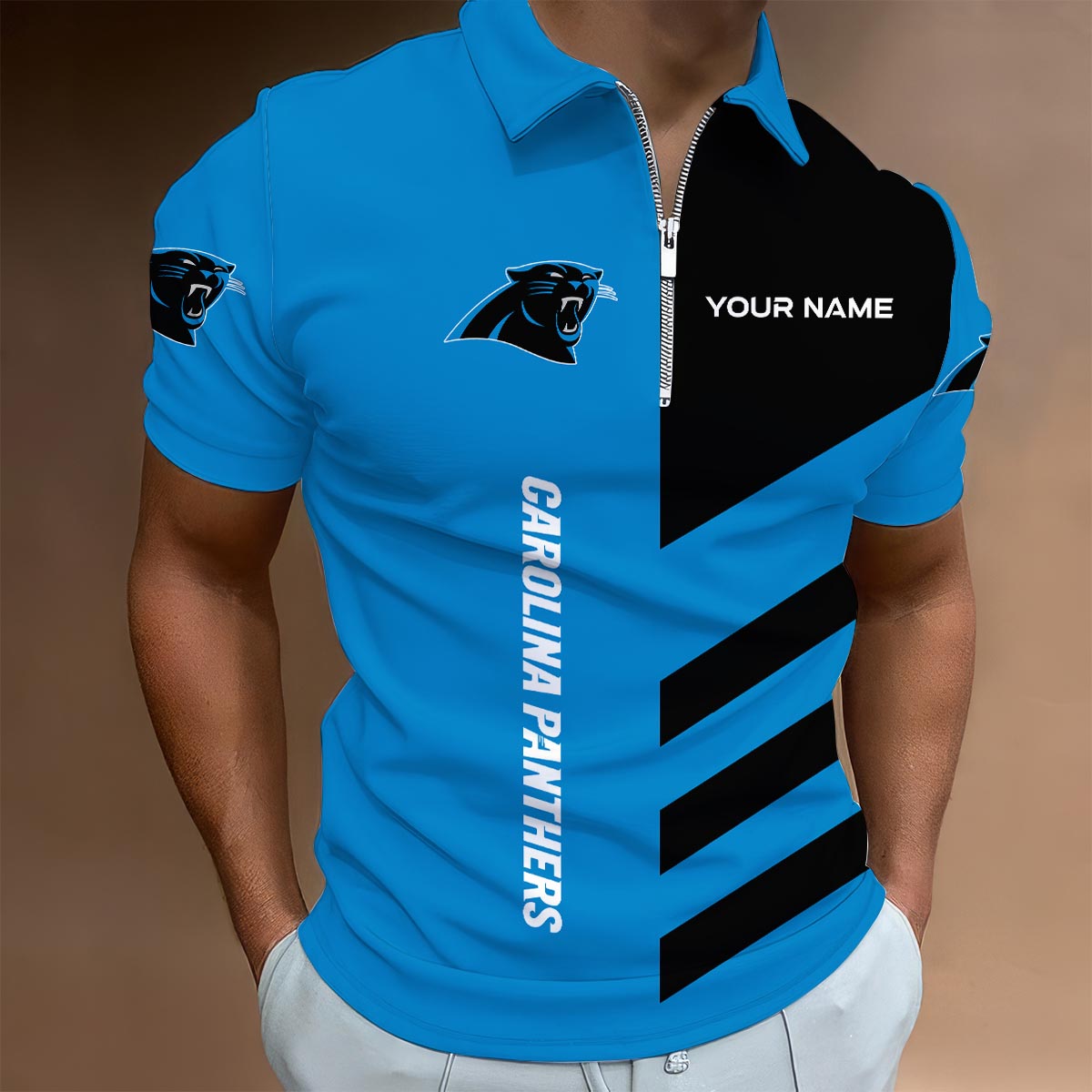LIMITED EDITION - NEW CUSTOMIZED NFL23 CLP CAROLINA PANTHERS ZIP POLO SHIRT
