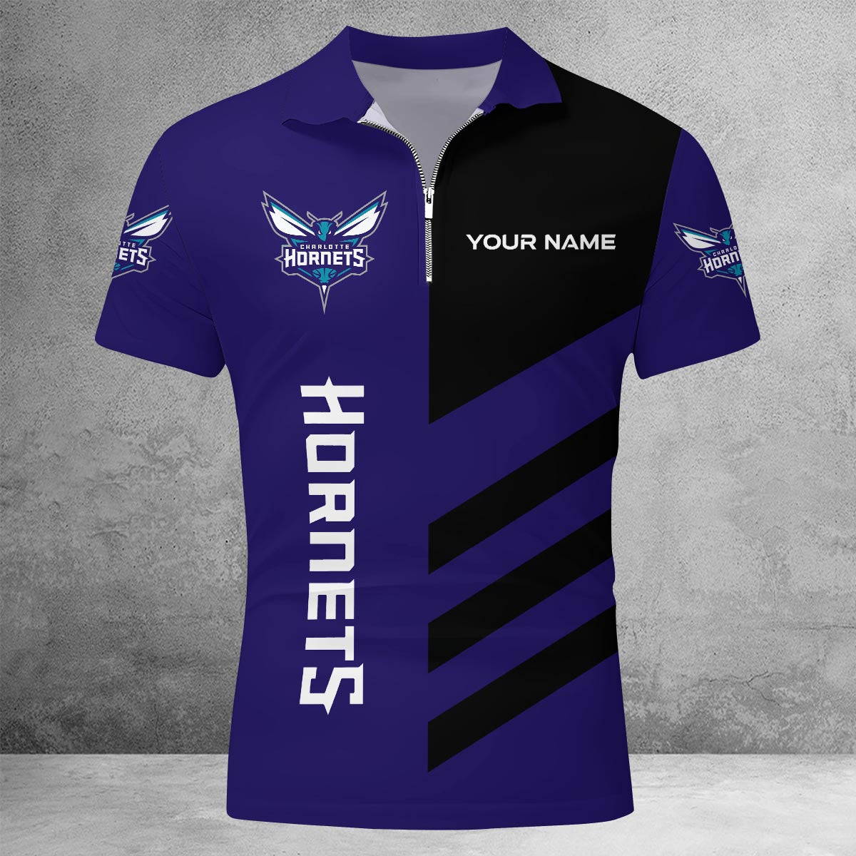 LIMITED EDITION - NEW CUSTOMIZED NBA27 CH CHARLOTTE HORNETS ZIP POLO SHIRT
