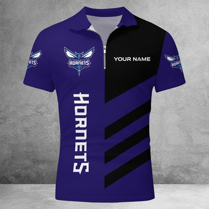 LIMITED EDITION - NEW CUSTOMIZED NBA27 CH CHARLOTTE HORNETS ZIP POLO SHIRT
