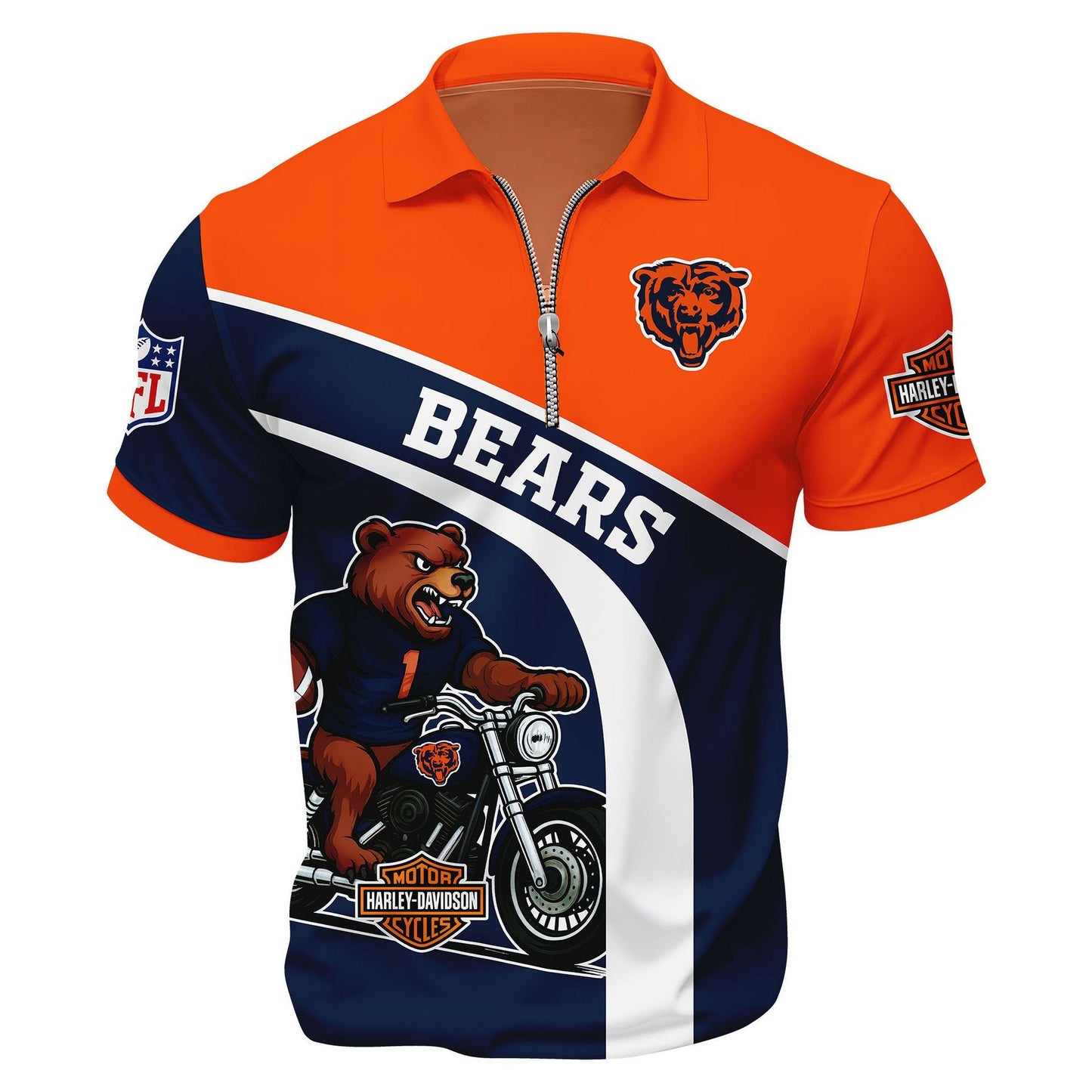 LIMITED EDITION - NEW CUSTOMIZED NFL26 CCB CHICAGO BEARS HARLEY-DAVIDSON POLO WITH ZIPPER SHIRT