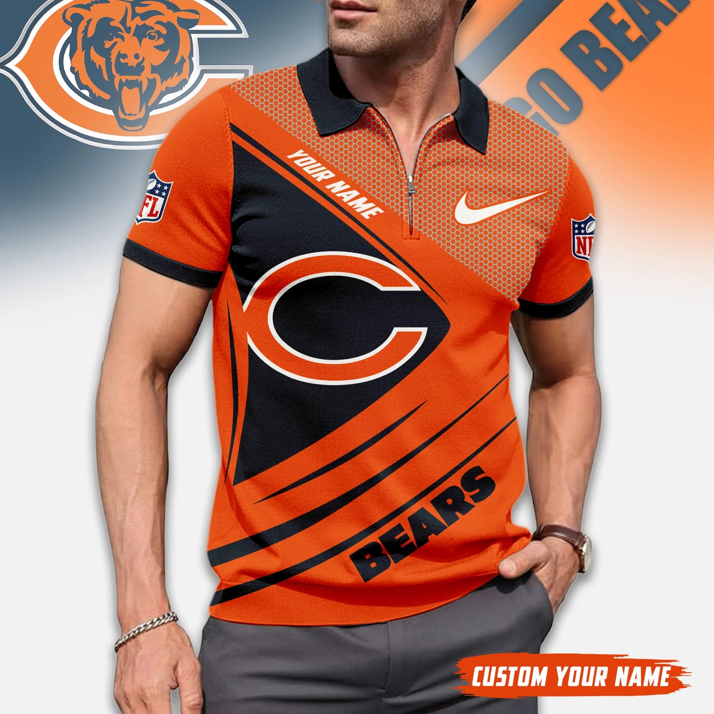 LIMITED EDITION - NEW CUSTOMIZED NFL26 CCB CHICAGO BEARS ZIP POLO SHIRT