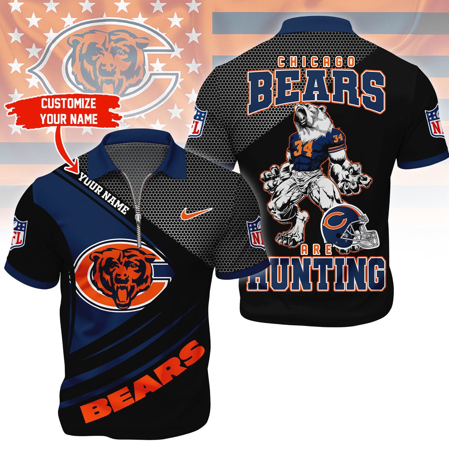 LIMITED EDITION - NEW CUSTOMIZED NFL26 CCB CHICAGO BEARS HARLEY-DAVIDSON POLO WITH ZIPPER SHIRT