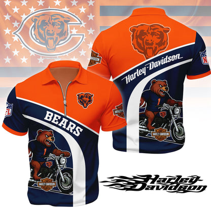 LIMITED EDITION - NEW CUSTOMIZED NFL26 CCB CHICAGO BEARS HARLEY-DAVIDSON POLO WITH ZIPPER SHIRT