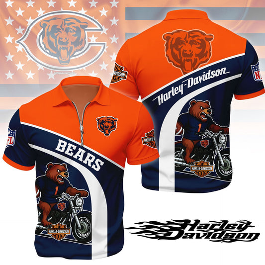 LIMITED EDITION - NEW CUSTOMIZED NFL26 CCB CHICAGO BEARS HARLEY-DAVIDSON POLO WITH ZIPPER SHIRT