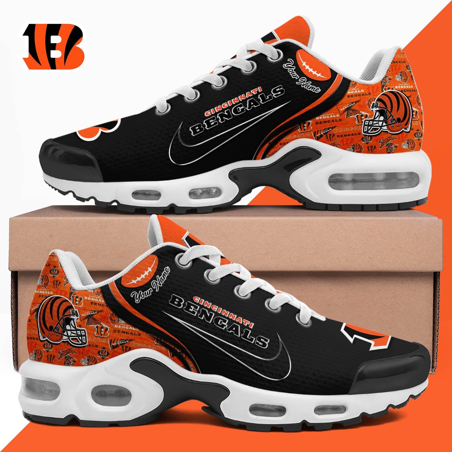 LIMITED EDITION - NEW CUSTOMIZED NFL16 CCB CINCINNATI BENGALS UNISEX AIR MAX PLUS SNEAKERS