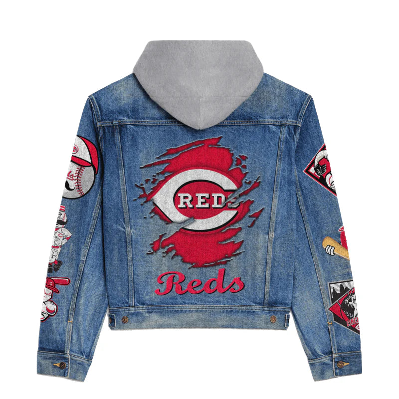 LIMITED EDITION - NEW CUSTOMIZED MLB05 CRS CINCINNATI REDS HOODED DENIM JACKET