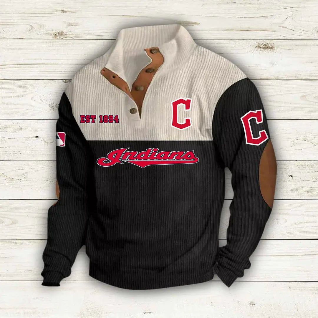[FLASH SALE] NEW CUSTOMIZED MLB13 CGS CLEVELAND GUARDIANS BUTTON SWEATSHIRTS STAND COLLAR