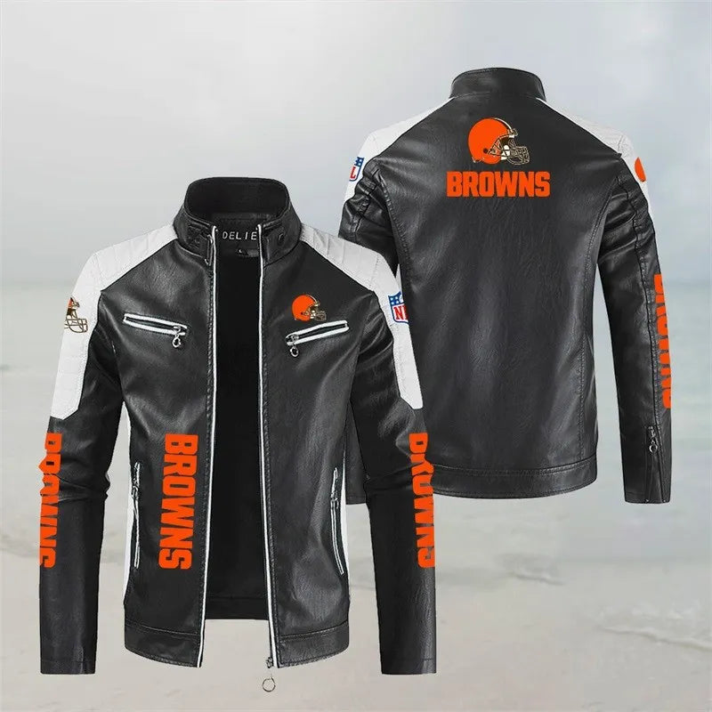 LIMITED EDITION - NEW CUSTOMIZED NFL29 CLB CLEVELAND BROWNS LEATHER BIKER JACKET
