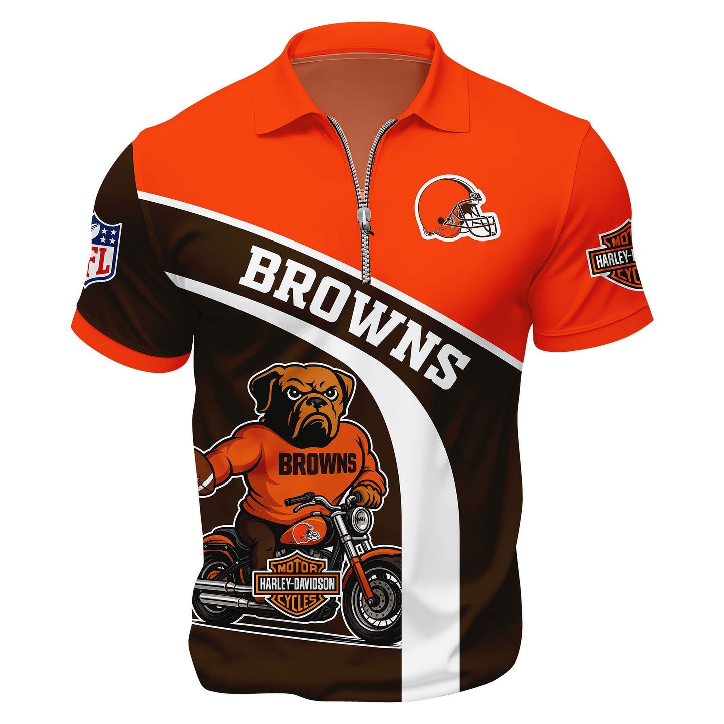 LIMITED EDITION - NEW CUSTOMIZED NFL29 CLB CLEVELAND BROWNS HARLEY-DAVIDSON POLO WITH ZIPPER SHIRT