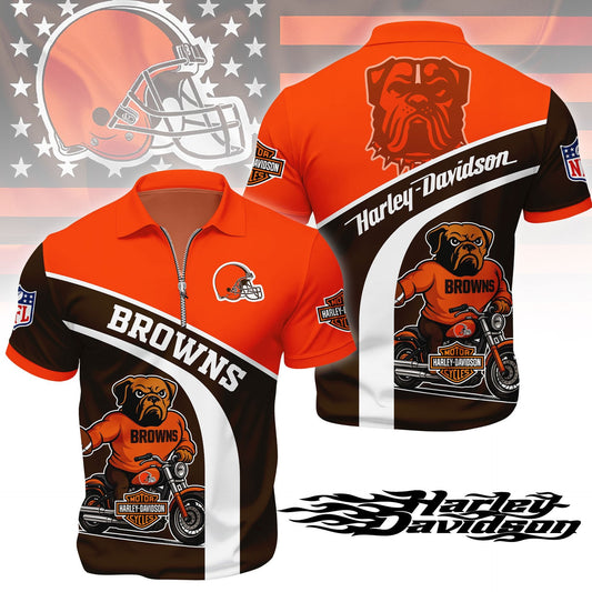 LIMITED EDITION - NEW CUSTOMIZED NFL29 CLB CLEVELAND BROWNS HARLEY-DAVIDSON POLO WITH ZIPPER SHIRT