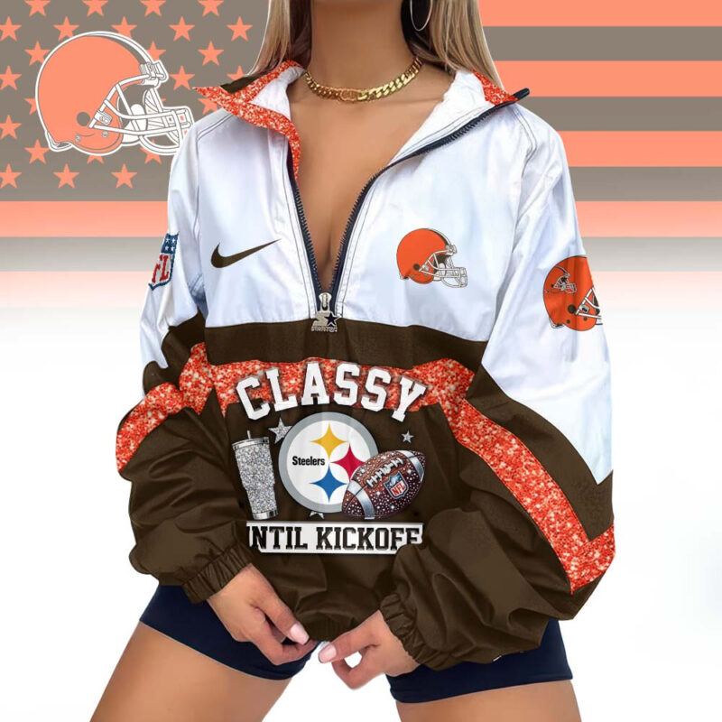LIMITED EDITION - NEW CUSTOMIZED NFL29 CLB CLEVELAND BROWNS V-NECK ZIPPER SWEATSHIRT JACKET