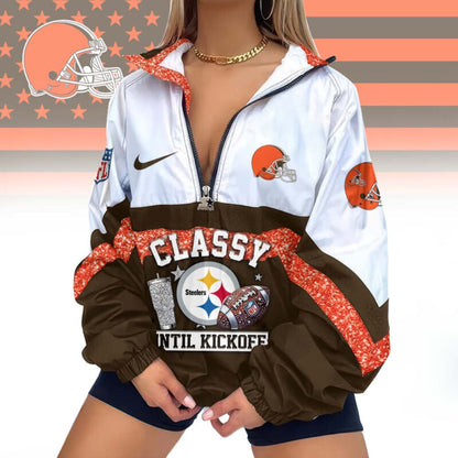 LIMITED EDITION - NEW CUSTOMIZED NFL29 CLB CLEVELAND BROWNS V-NECK ZIPPER SWEATSHIRT JACKET