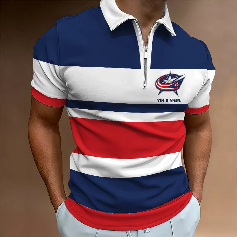 LIMITED EDITION - NEW CUSTOMIZED NHL18 CBJ COLUMBUS BLUE JACKETS ZIP POLO SHIRT