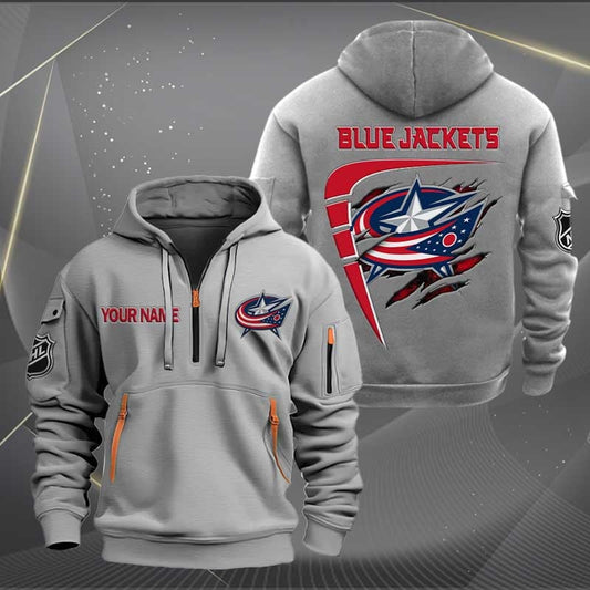 LIMITED EDITION - NEW CUSTOMIZED NHL18 CBJ COLUMBUS BLUE JACKETS QUARTER ZIP HOODIE
