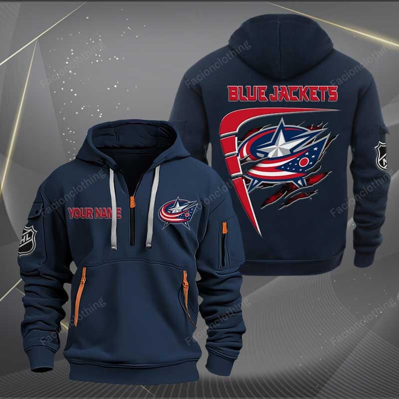 LIMITED EDITION - NEW CUSTOMIZED NHL18 CBJ COLUMBUS BLUE JACKETS QUARTER ZIP HOODIE