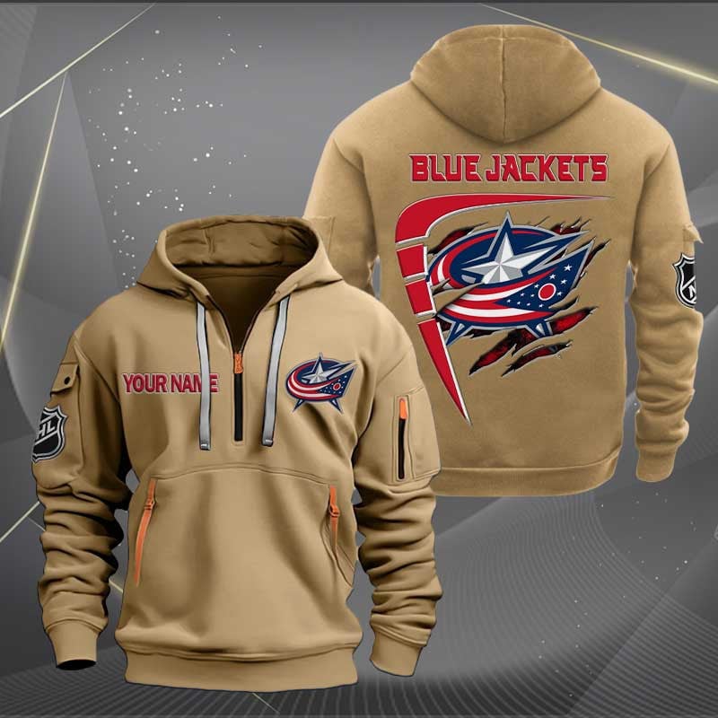 LIMITED EDITION - NEW CUSTOMIZED NHL18 CBJ COLUMBUS BLUE JACKETS QUARTER ZIP HOODIE