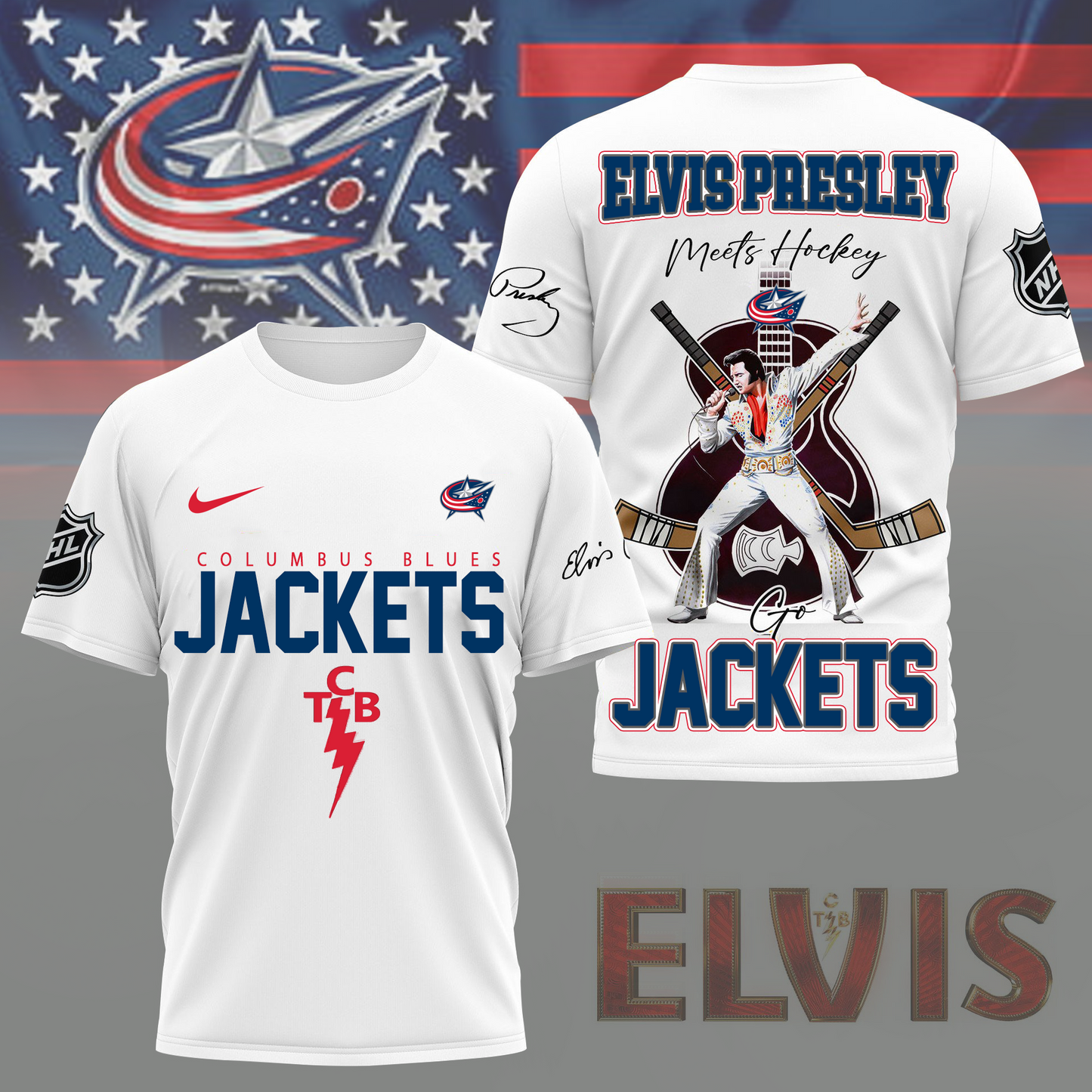LIMITED EDITION - NEW CUSTOMIZED NHL18 CBJ COLUMBUS BLUE JACKETS X ELVIS PRESLEY FAN 3D SHIRT