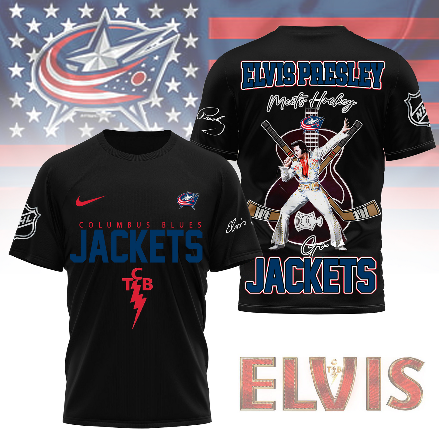 LIMITED EDITION - NEW CUSTOMIZED NHL18 CBJ COLUMBUS BLUE JACKETS X ELVIS PRESLEY FAN 3D SHIRT