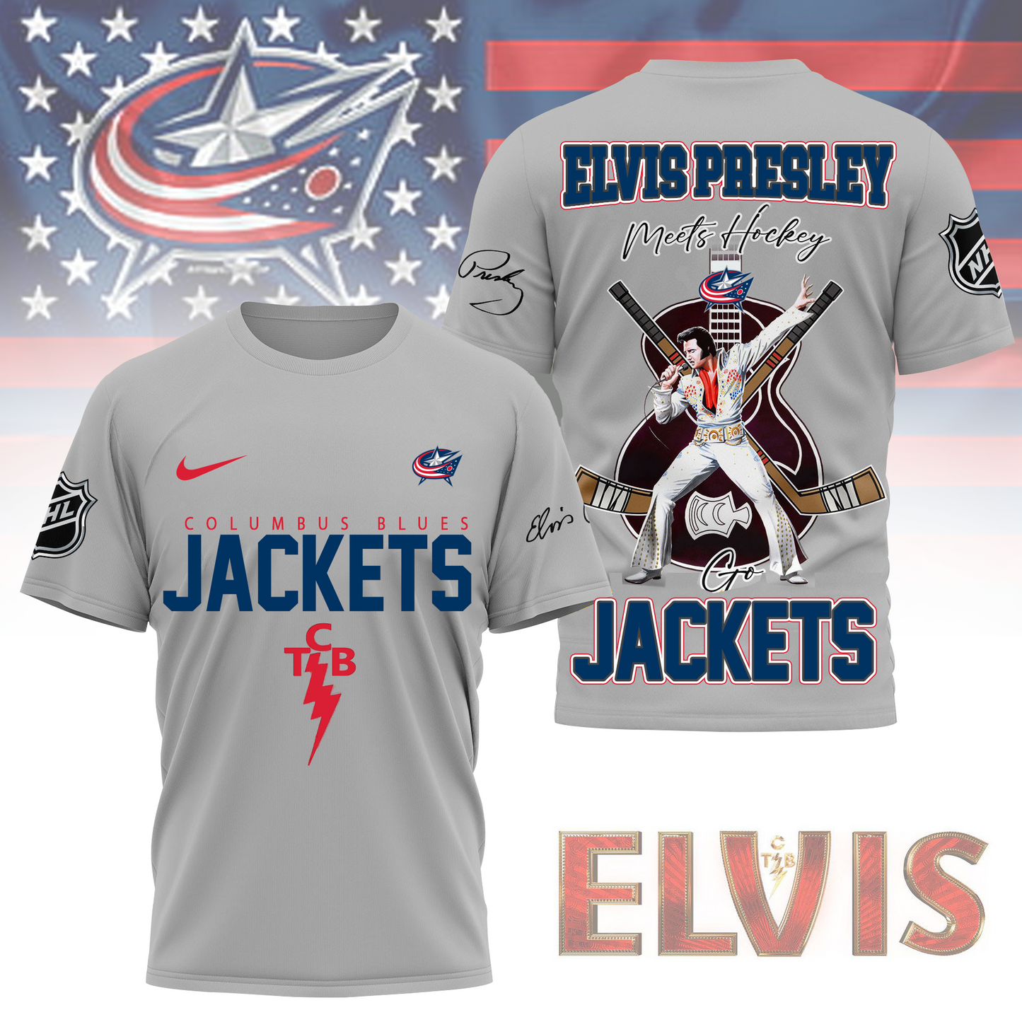 LIMITED EDITION - NEW CUSTOMIZED NHL18 CBJ COLUMBUS BLUE JACKETS X ELVIS PRESLEY FAN 3D SHIRT