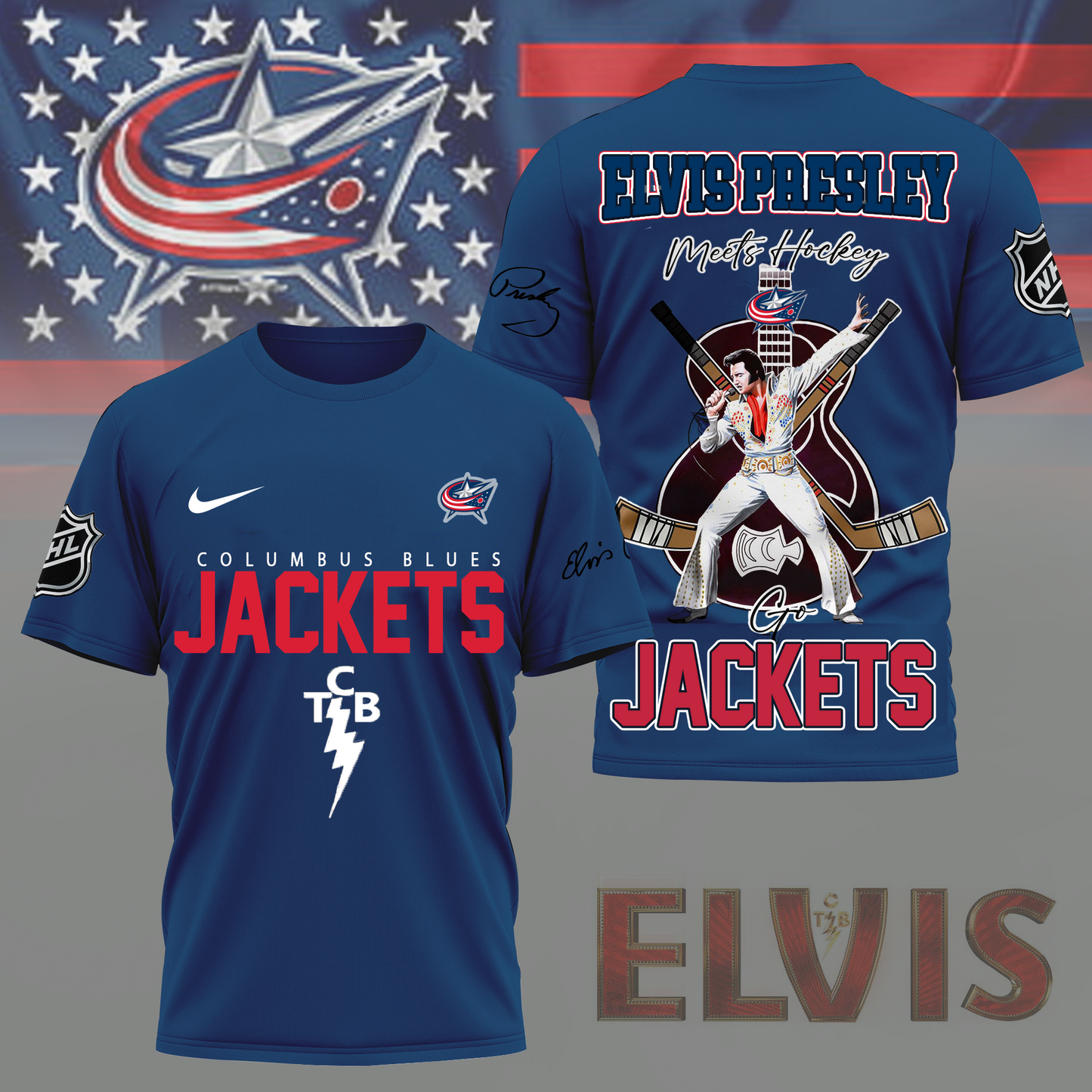 LIMITED EDITION - NEW CUSTOMIZED NHL18 CBJ COLUMBUS BLUE JACKETS X ELVIS PRESLEY FAN 3D SHIRT