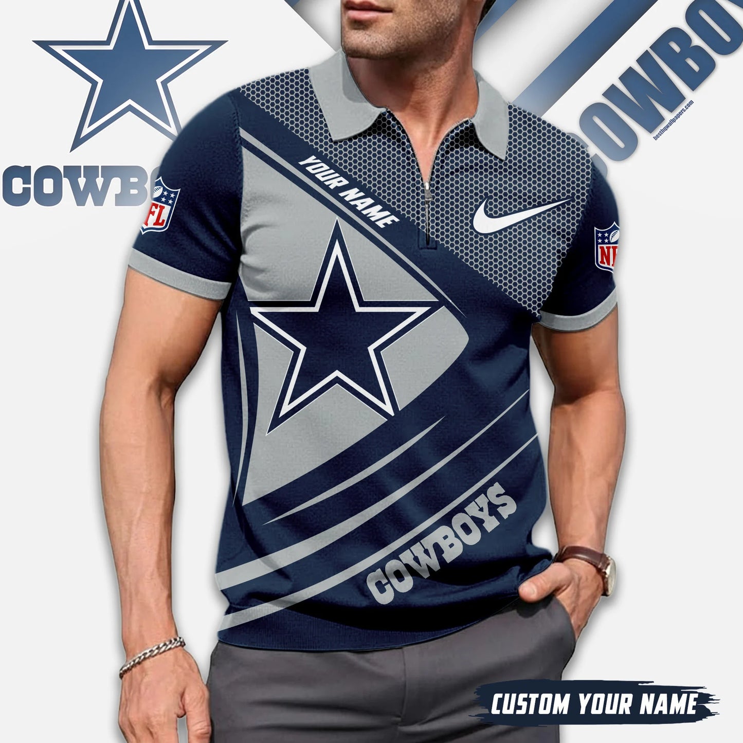 LIMITED EDITION - NEW CUSTOMIZED NFL21 DCB DALLAS COWBOYS ZIP POLO SHIRT