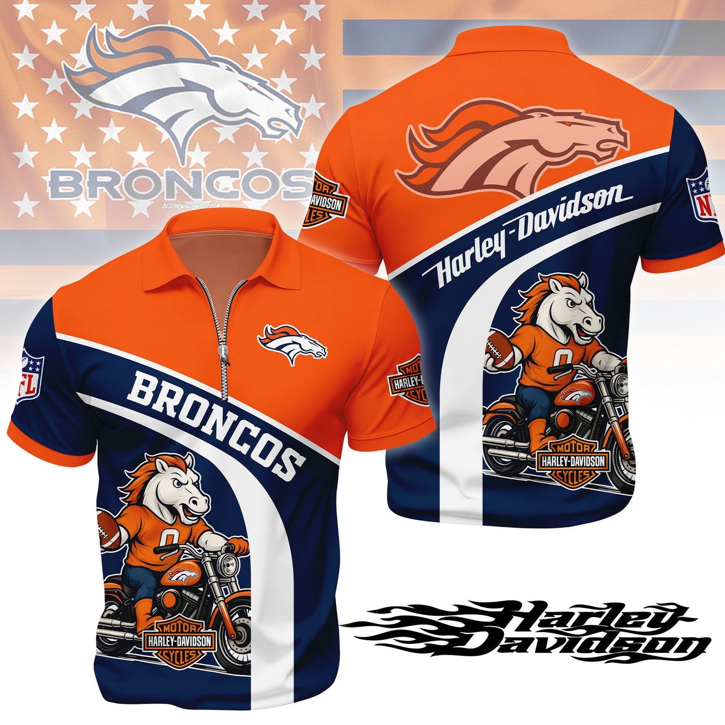 LIMITED EDITION - NEW CUSTOMIZED NFL13 DVB DENVER BRONCOS HARLEY-DAVIDSON POLO WITH ZIPPER SHIRT