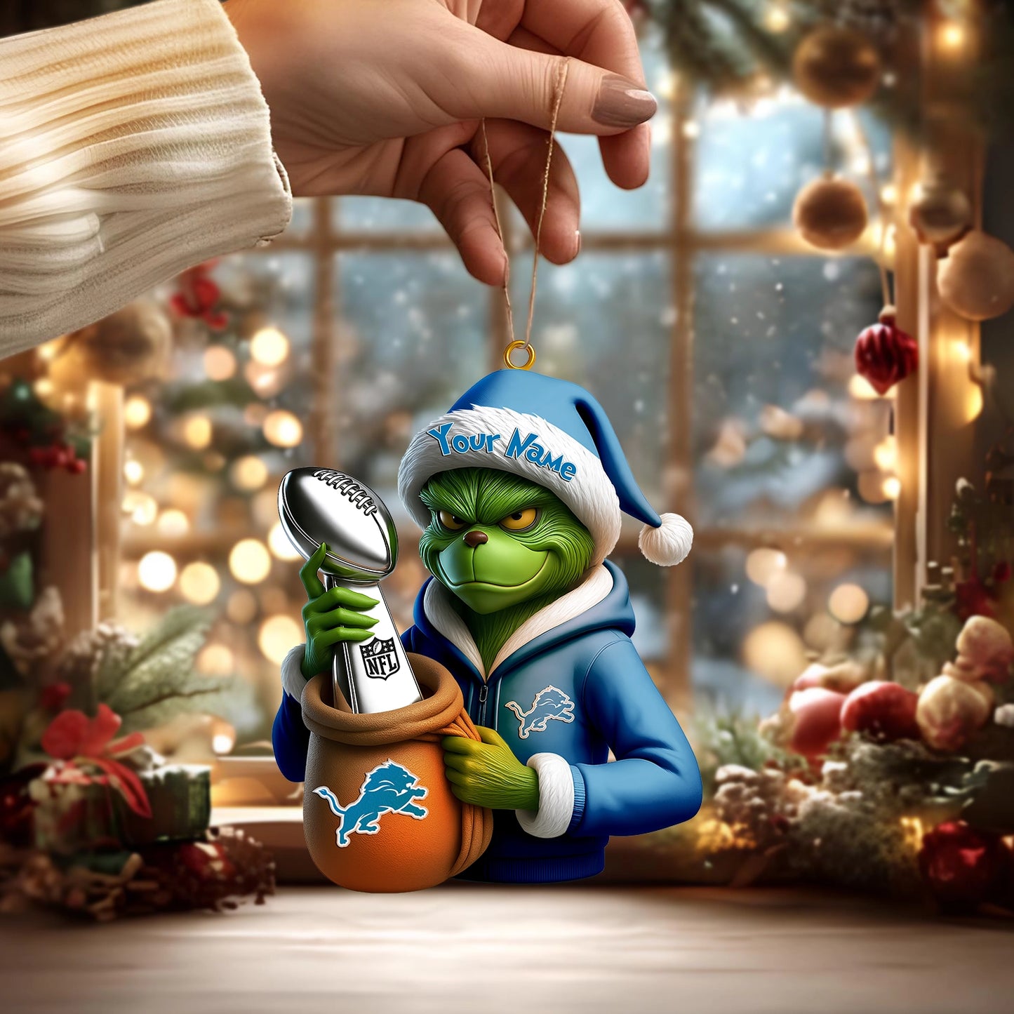 LIMITED EDITION - NEW CUSTOMIZED NFL04 DTL DETROIT LIONS THE GRINCH ACRYLIC ORNAMENT