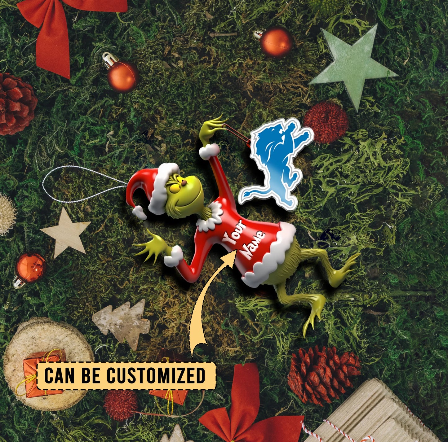 LIMITED EDITION - NEW CUSTOMIZED NFL04 DTL DETROIT LIONS THE GRINCH ACRYLIC ORNAMENT