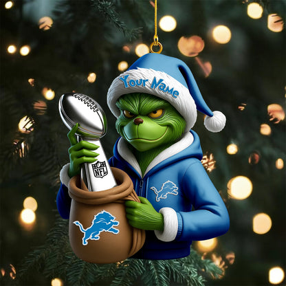 LIMITED EDITION - NEW CUSTOMIZED NFL04 DTL DETROIT LIONS THE GRINCH ACRYLIC ORNAMENT