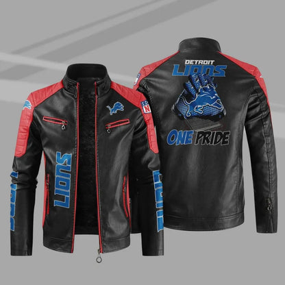 LIMITED EDITION - NEW CUSTOMIZED NFL04 DTL DETROIT LIONS LEATHER BIKER JACKET