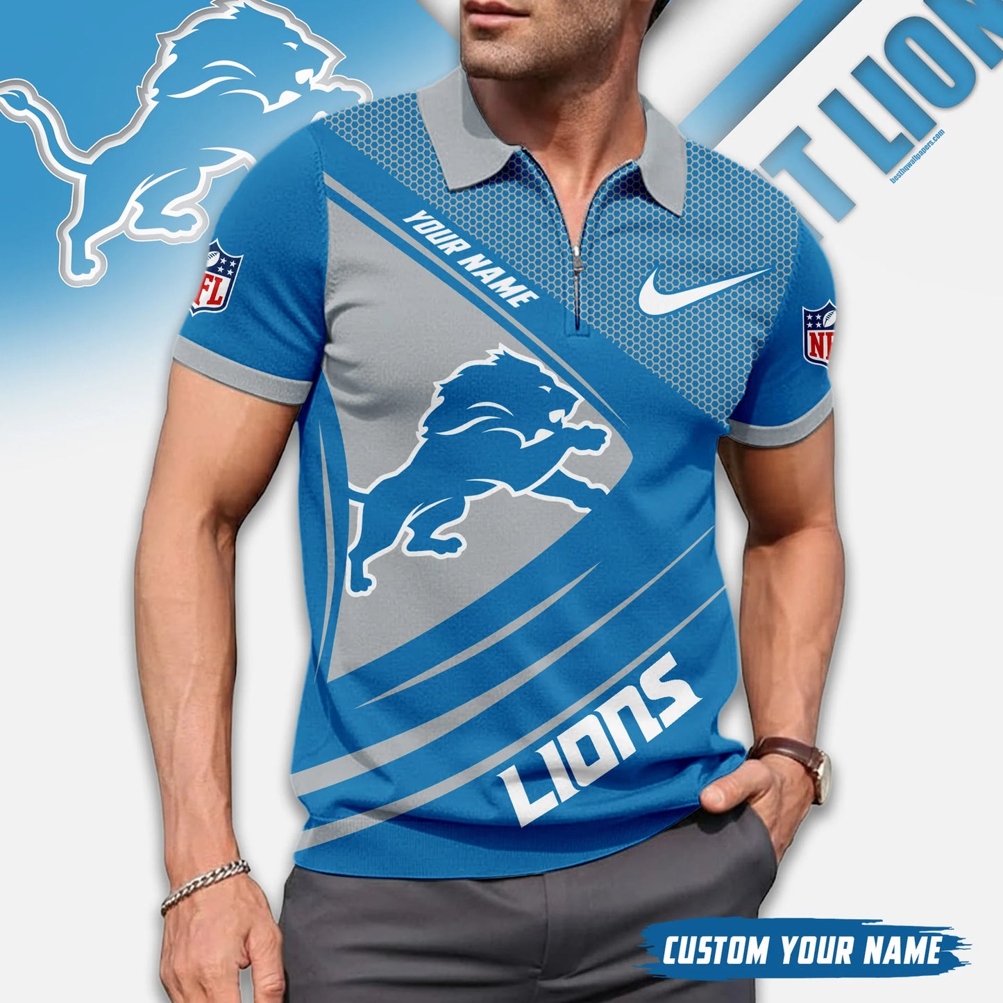 LIMITED EDITION - NEW CUSTOMIZED NFL04 DTL DETROIT LIONS ZIP POLO SHIRT