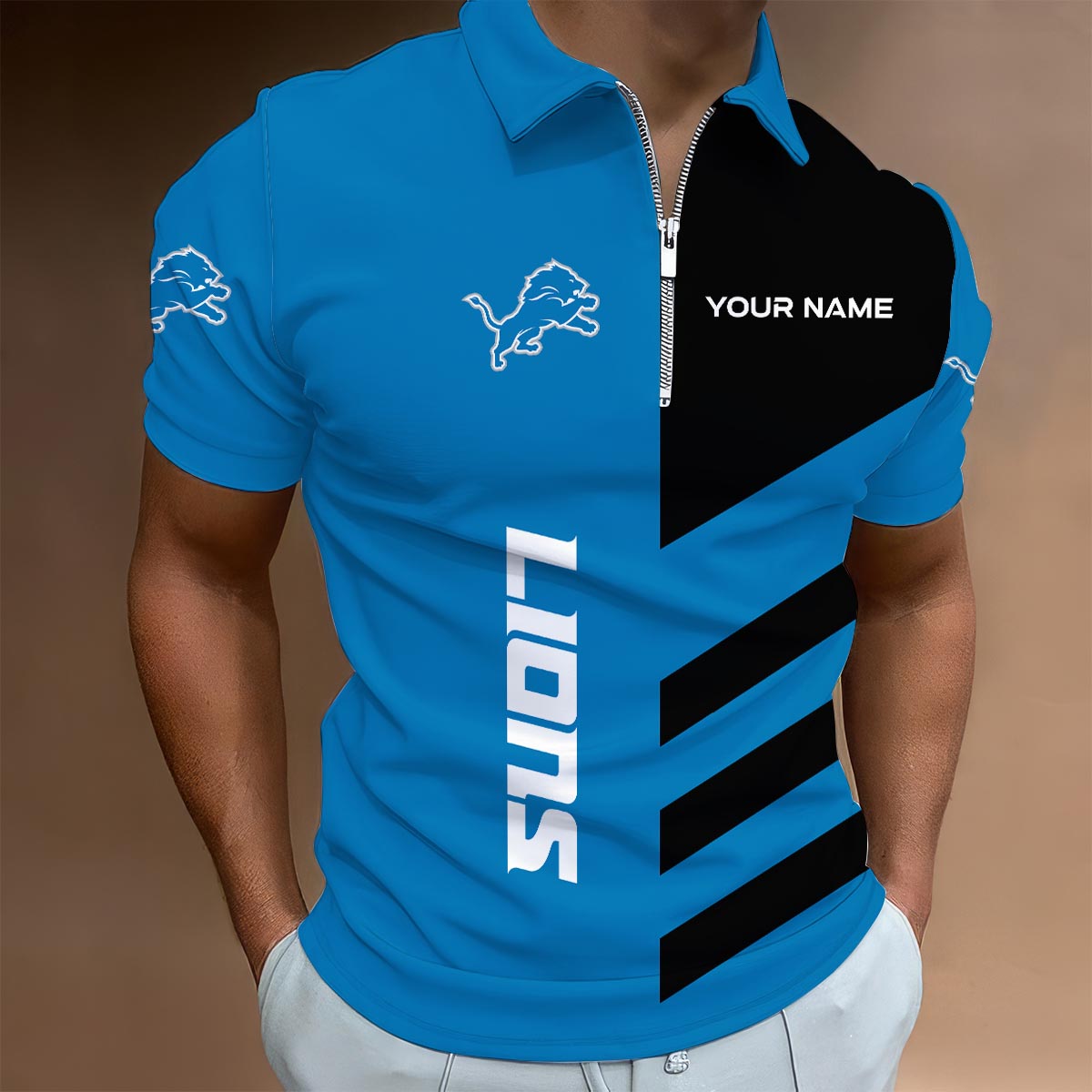 LIMITED EDITION - NEW CUSTOMIZED NFL04 DTL DETROIT LIONS ZIP POLO SHIRT