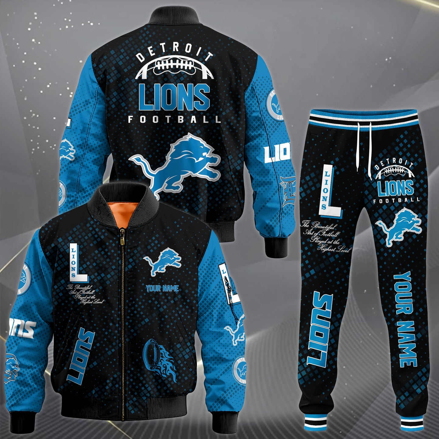 LIMITED EDITION - NEW CUSTOMIZED NFL04 DTL DETROIT LIONS SATIN VARSITY JACKET & LONG PANTS