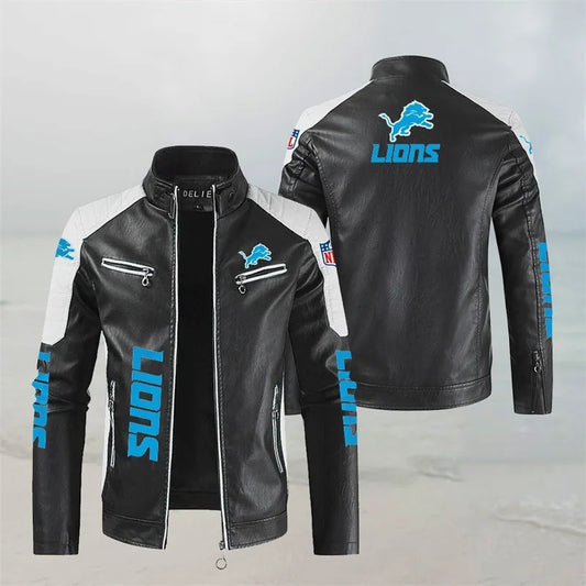 LIMITED EDITION - NEW CUSTOMIZED NFL04 DTL DETROIT LIONS LEATHER BIKER JACKET