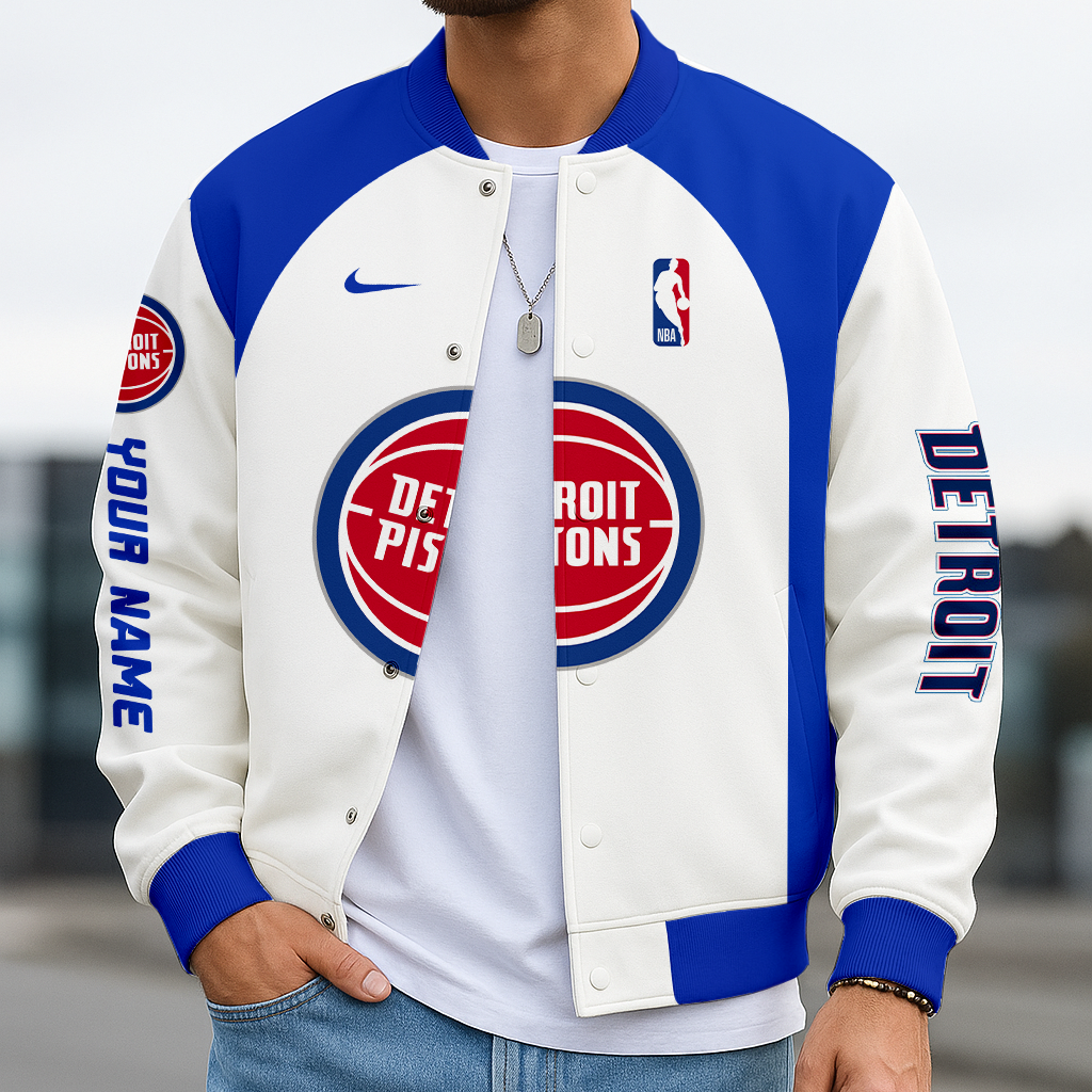 LIMITED EDITION - NEW CUSTOMIZED NBA14 DP DETROIT PISTONS BASEBALL JACKET, SATIN VARSITY JACKET