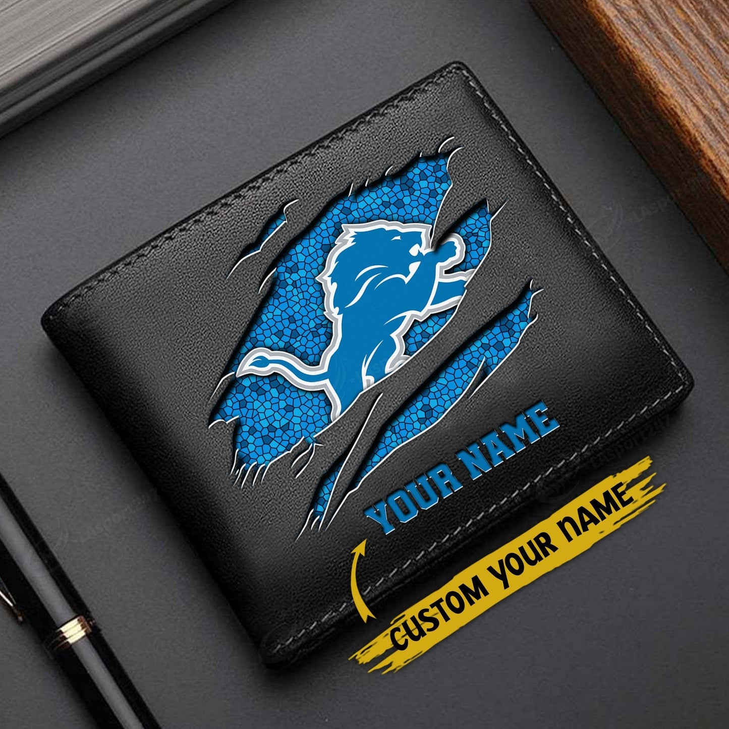 LIMITED EDITION - NEW CUSTOMIZED NFL04 DTL DETROIT LIONS LEATHER WALLET