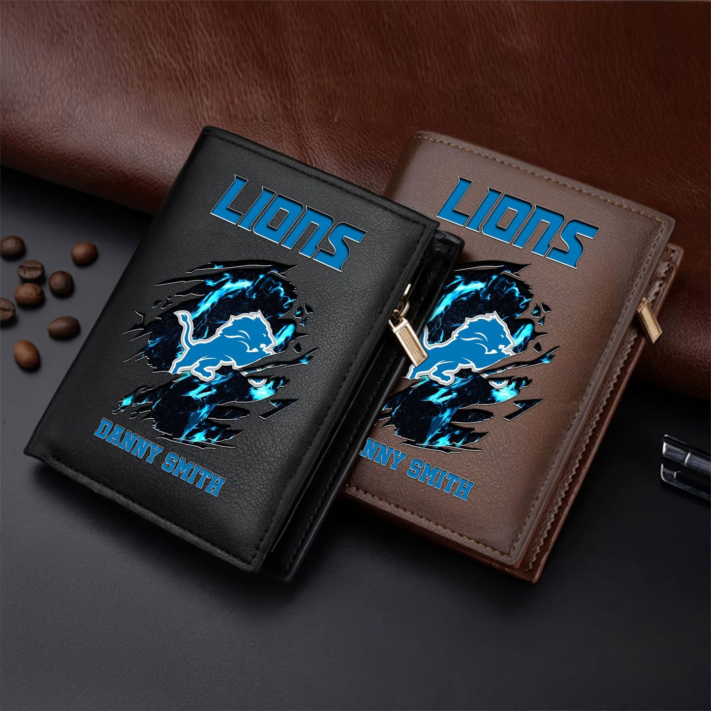 LIMITED EDITION - NEW CUSTOMIZED NFL04 DTL DETROIT LIONS LEATHER VERTICAL WALLET