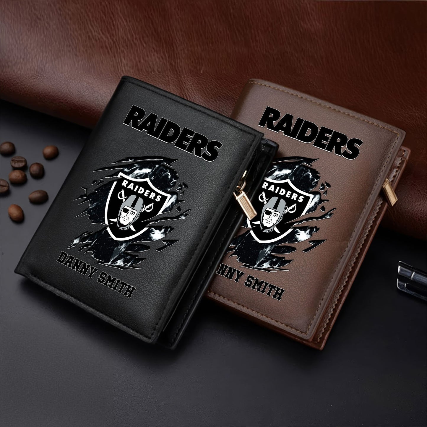 LIMITED EDITION - NEW CUSTOMIZED NFL07 LVR LAS VEGAS RAIDERS LEATHER VERTICAL WALLET