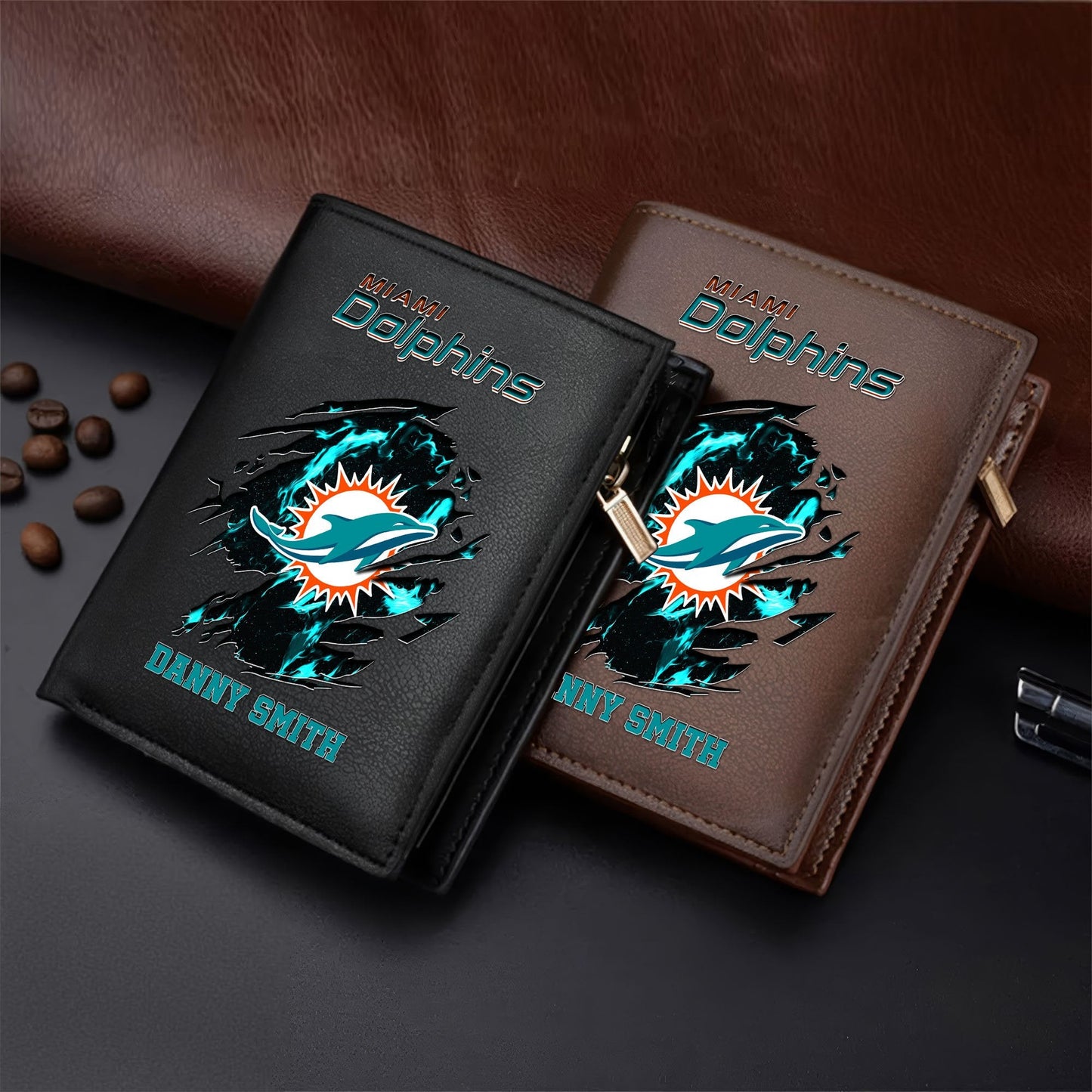 LIMITED EDITION - NEW CUSTOMIZED NFL19 MDP MIAMI DOLPHINS LEATHER VERTICAL WALLET