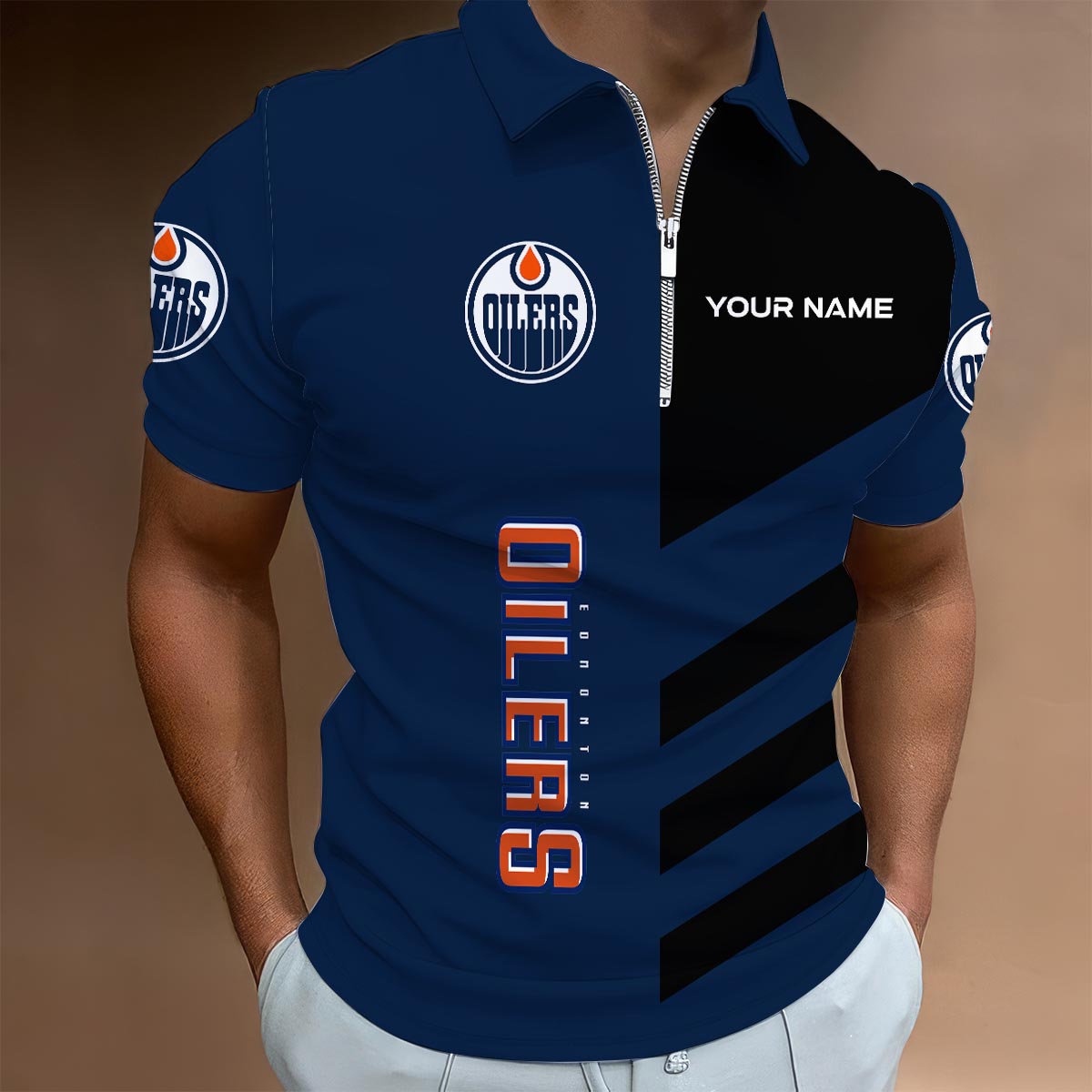 LIMITED EDITION - NEW CUSTOMIZED NHL03 EMO EDMONTON OILERS ZIP POLO SHIRT