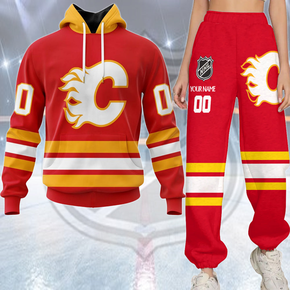 LIMITED EDITION - NEW CUSTOMIZED NHL17 CGF CALGARY FLAMES COMBO HOODIE & LONGPANTS