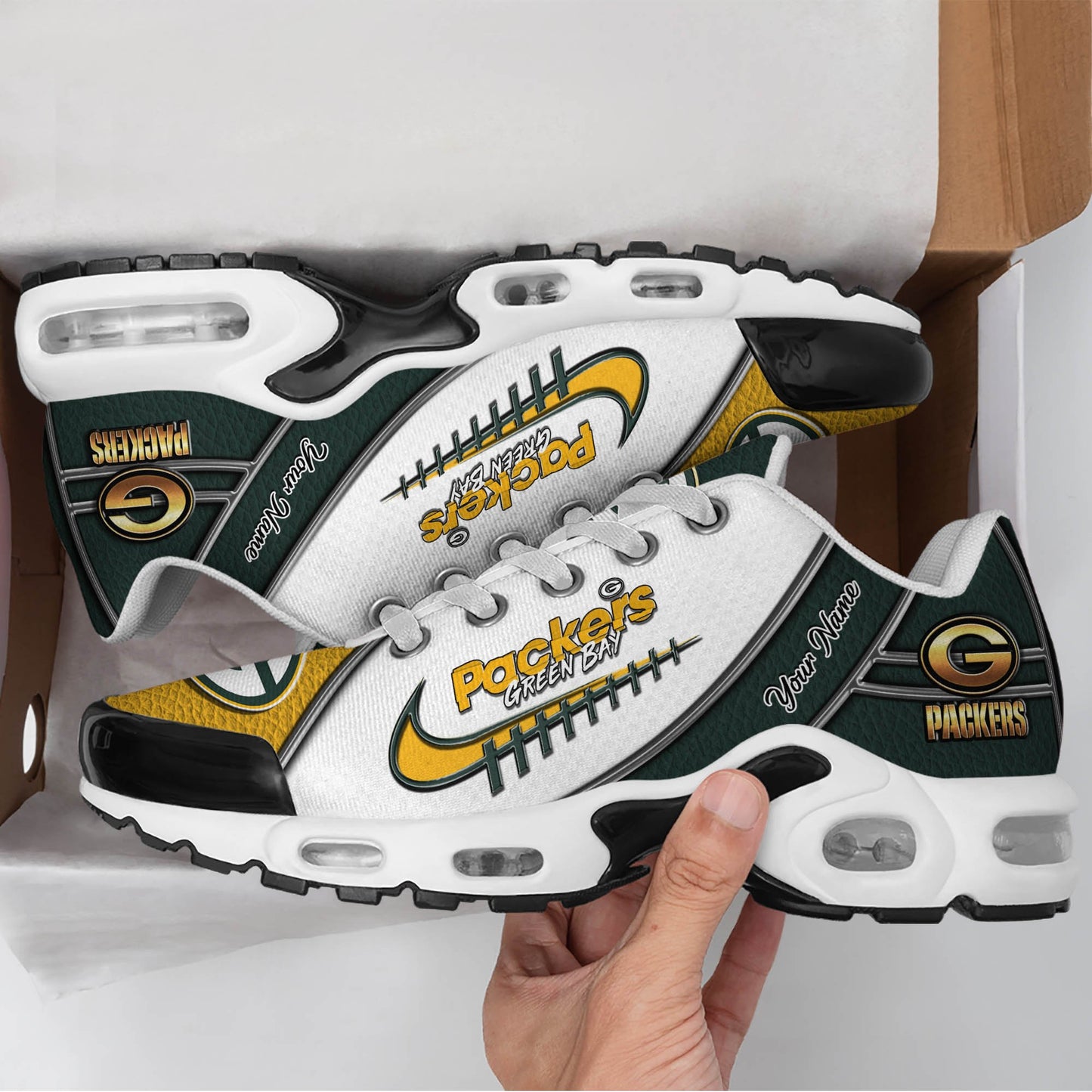 LIMITED EDITION - NEW CUSTOMIZED NFL08 GBP GREEN BAY PACKERS UNISEX AIR MAX PLUS SNEAKERS