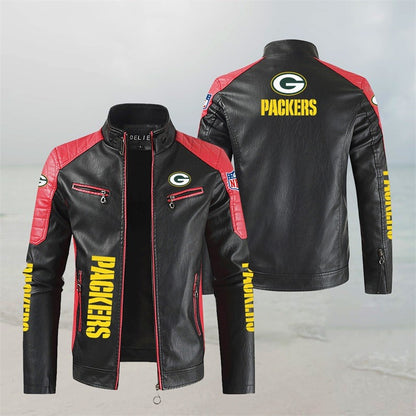 LIMITED EDITION - NEW CUSTOMIZED NFL08 GBP GREEN BAY PACKERS LEATHER BIKER JACKET