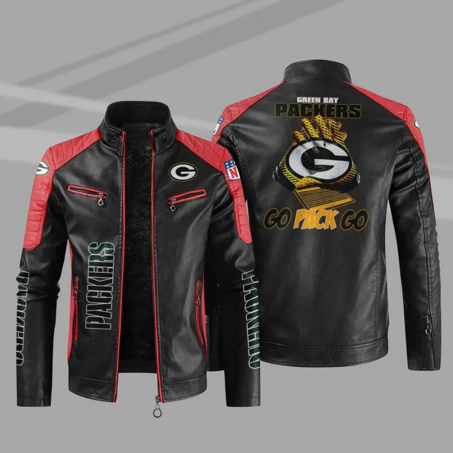 LIMITED EDITION - NEW CUSTOMIZED NFL08 GBP GREEN BAY PACKERS LEATHER BIKER JACKET