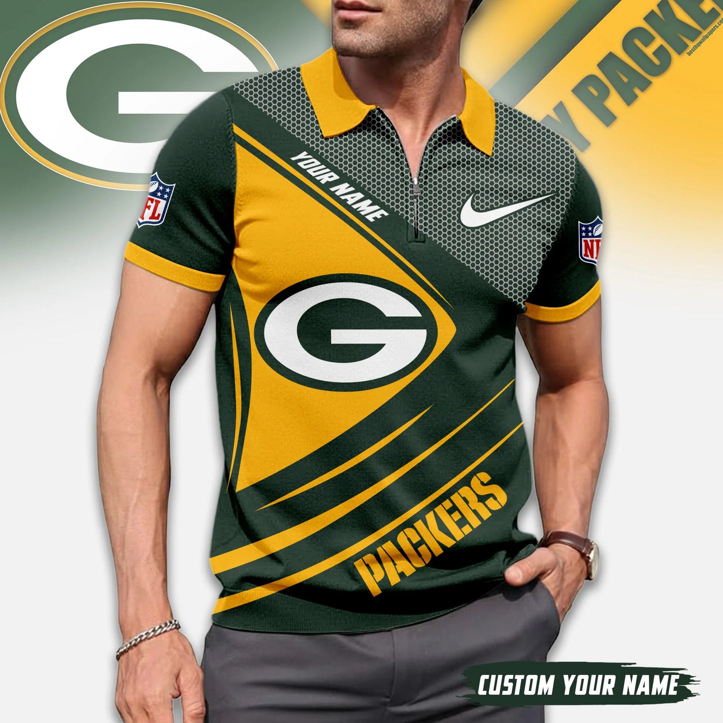 LIMITED EDITION - NEW CUSTOMIZED NFL08 GBP GREEN BAY PACKERS ZIP POLO SHIRT