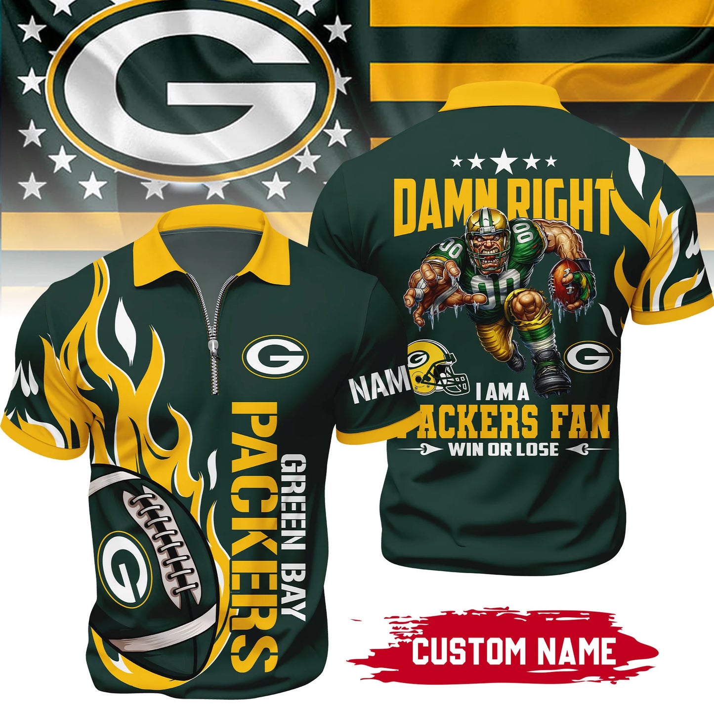 LIMITED EDITION - NEW CUSTOMIZED NFL08 GBP GREEN BAY PACKERS ZIP POLO SHIRT