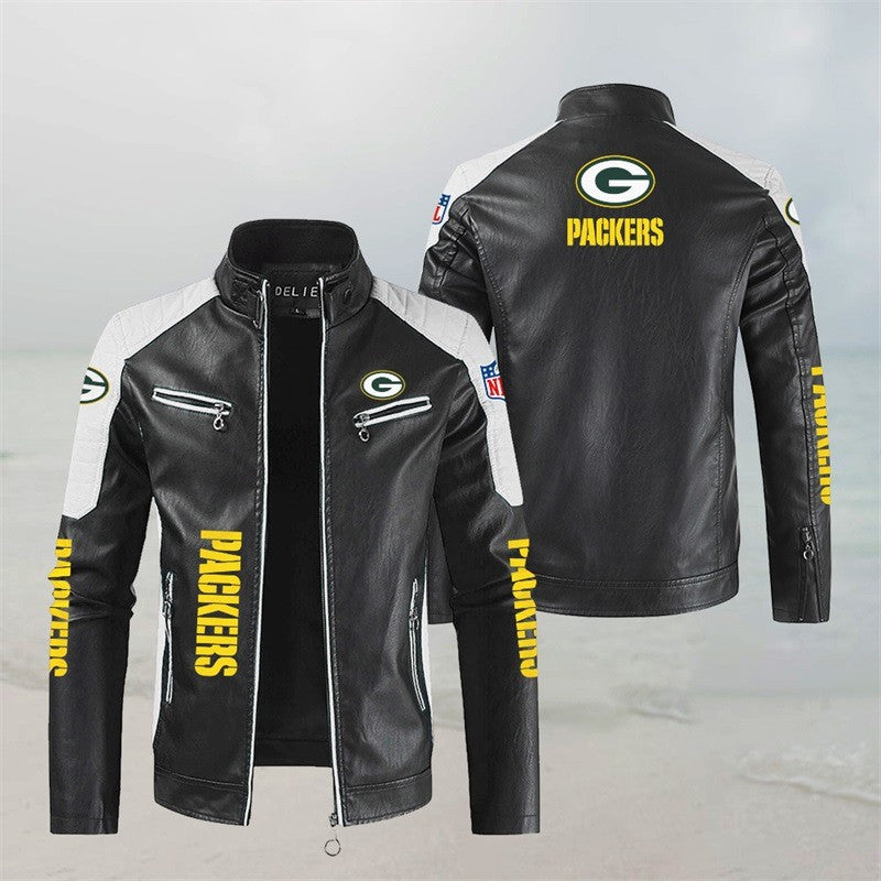 LIMITED EDITION - NEW CUSTOMIZED NFL08 GBP GREEN BAY PACKERS LEATHER BIKER JACKET