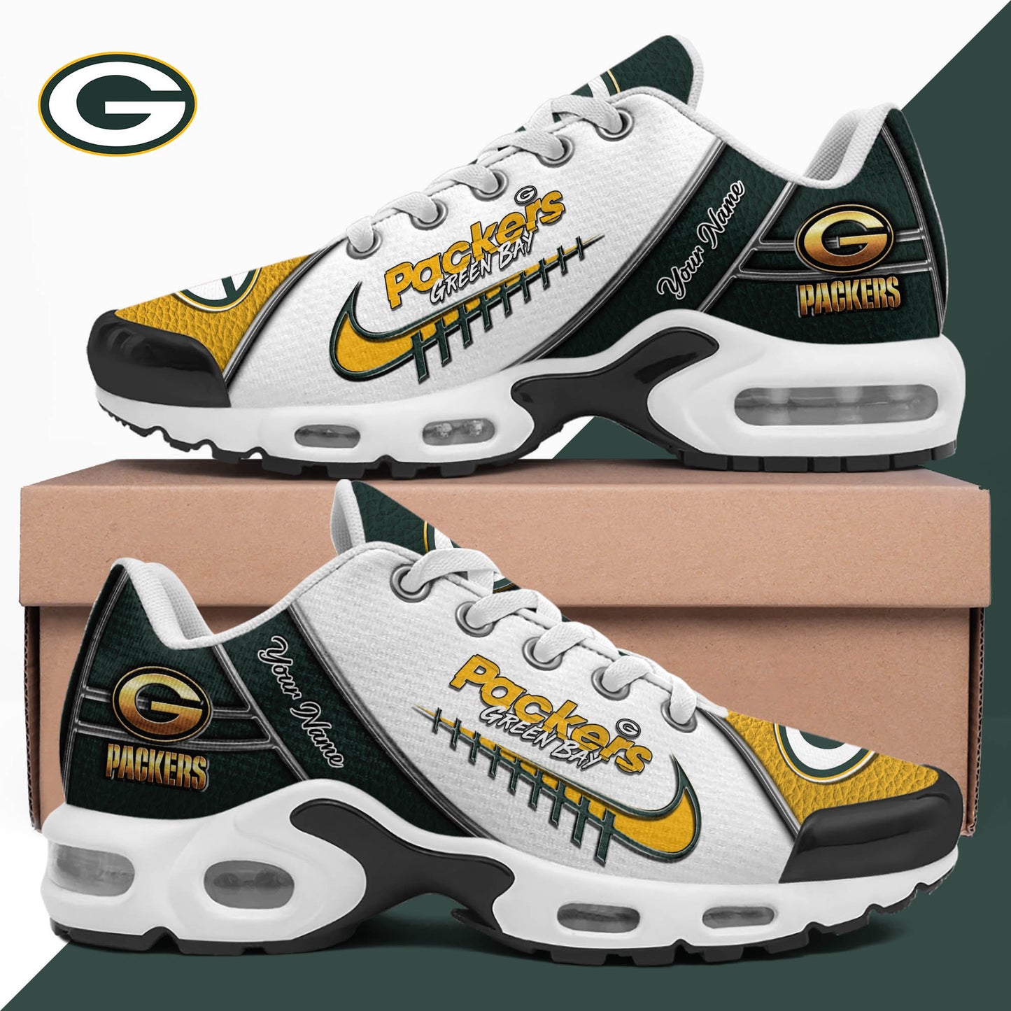 LIMITED EDITION - NEW CUSTOMIZED NFL08 GBP GREEN BAY PACKERS UNISEX AIR MAX PLUS SNEAKERS