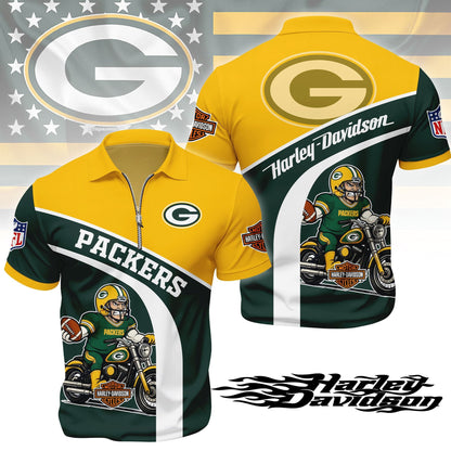 LIMITED EDITION - NEW CUSTOMIZED NFL08 GBP GREEN BAY PACKERS HARLEY-DAVIDSON POLO WITH ZIPPER SHIRT