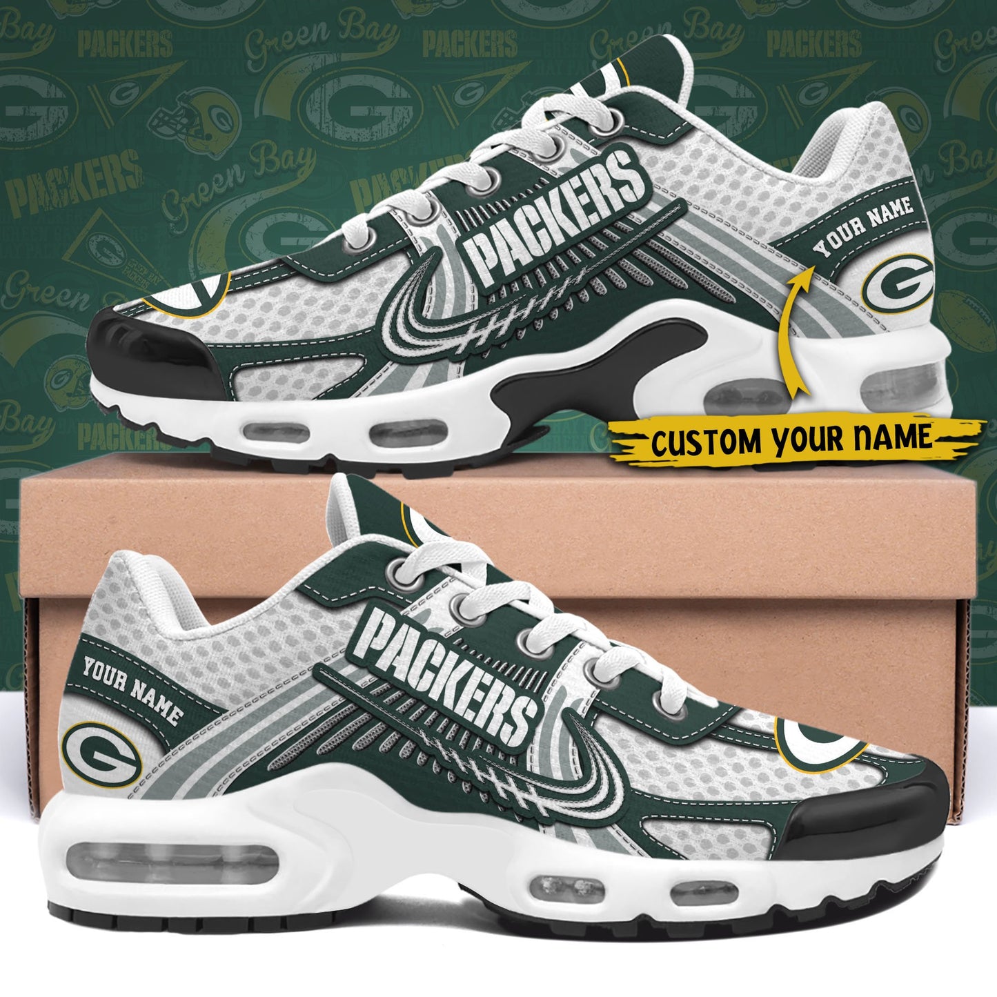 LIMITED EDITION - NEW CUSTOMIZED NFL08 GBP GREEN BAY PACKERS UNISEX AIR MAX PLUS SNEAKERS